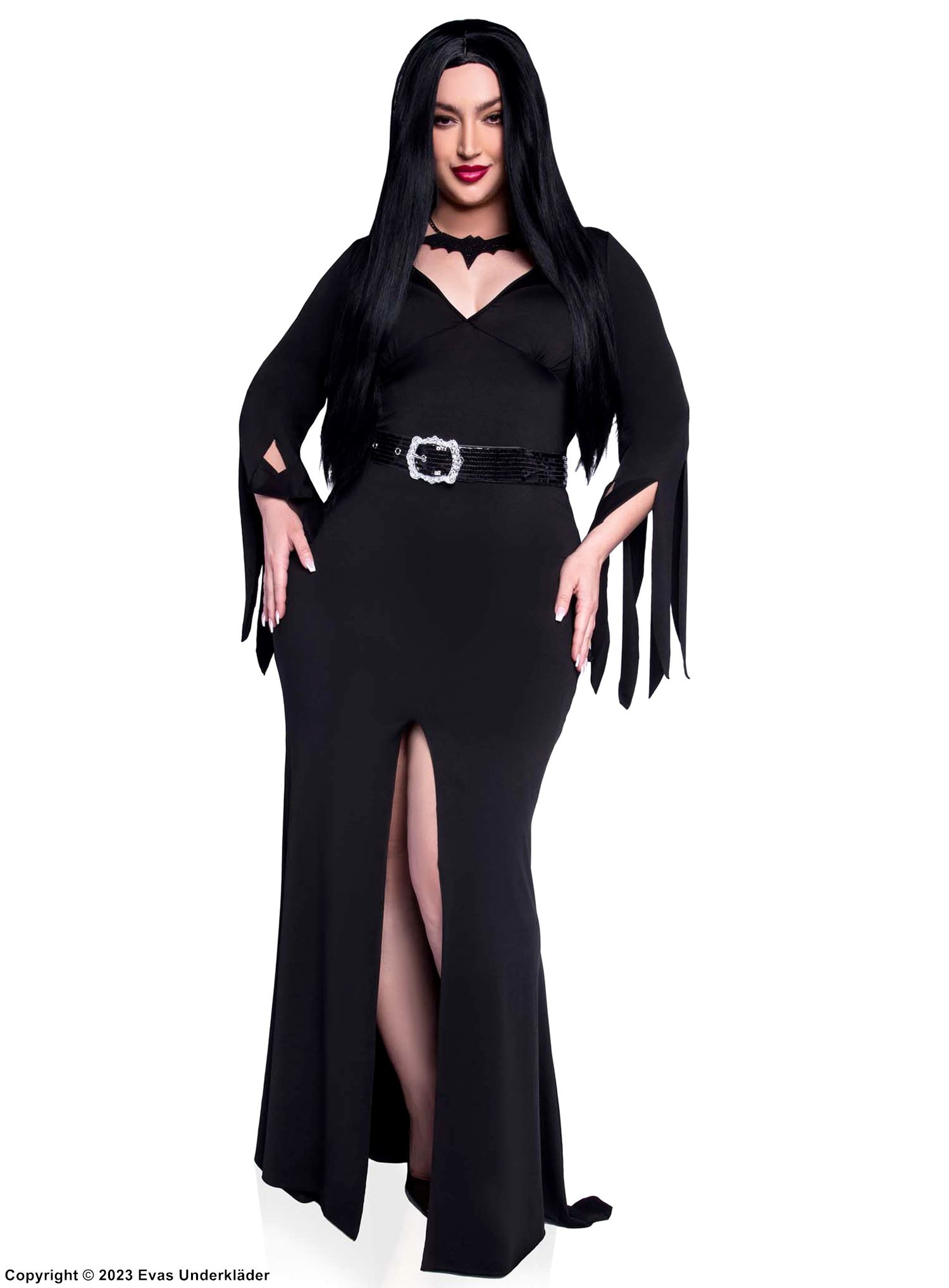 Morticia fra Familien Addams, kostyme-kjole, høy spalte, belte, slitte ermer, plus size